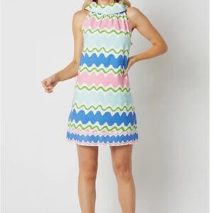 Tuckernuck Sail to Sable Wave Print Cowl Neck Dress preppy mini dress cotton M